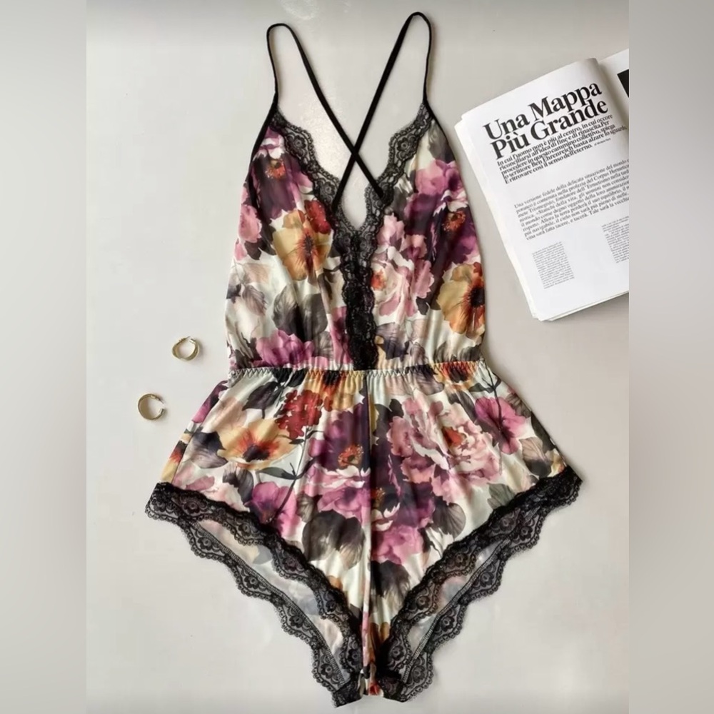 Floral Lace Trim Romper Teddy Lingerie | Strappy Back | Size Small